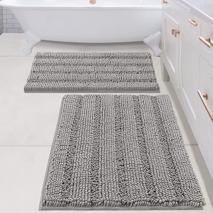 H.VERSAILTEX 2 Piece Bathroom Set - Super Absorbent Chenille Striped Bath Mats, Non Skid, Machine Washable (Dove Grey, 24 x 36 Plus 20 x 32 - Inches)