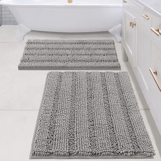 H.VERSAILTEX 2 Piece Bathroom Set - Super Absorbent Chenille Striped Bath Mats, Non Skid, Machine Washable (Dove Grey, 24 x 36 Plus 20 x 32 - Inches)