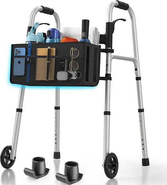 Folding Walkers for Seniors with Basket and Glide Skis, 5" Wheels Lightweight Rolling Walker, Support Up to 350 lbs, Height Adjustable Standard Compact Walker, Silver