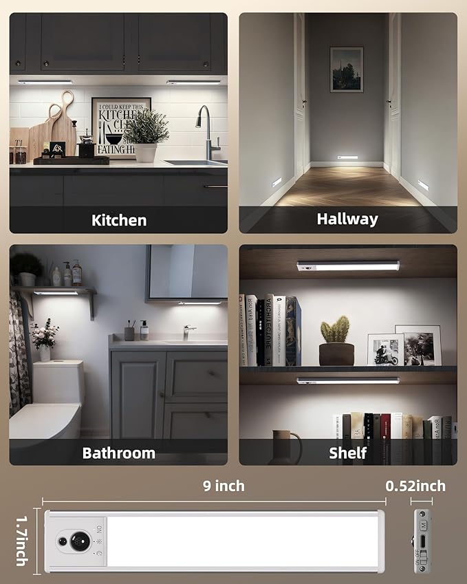EZVALO 5 Pack Under Cabinet Lighting, Rechargeable Motion Sensor Light, LED Closet Lights Wireless, 5700K Dimmable, Timer, Magnetic, with Remote Control for Kitchen, Closet, Stair