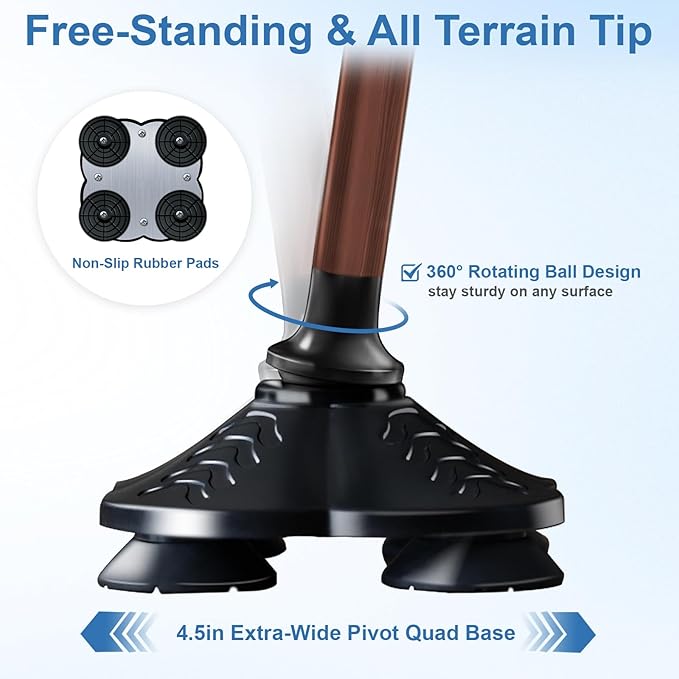 KingPavonini Walking Cane for Men Women Stability, Free Standing Foldable Cane, Ergonomic Handle Pivoting Quad Base, Heavy Duty 350 LBs, Adjustable Walking Canes for Seniors Balance with Travel Bag