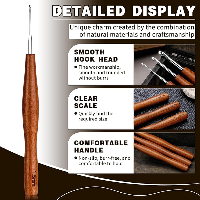 Nitlak 5 Pcs Crochet Hook, 5 Size Aluminum Ergonomic Crochet Hook with Wooden Handle for Arthritic Hands, Beginners, Crochet Needles for Knitting (1.5mm/2.5cm/3.5mm/4.5mm/5.5mm)