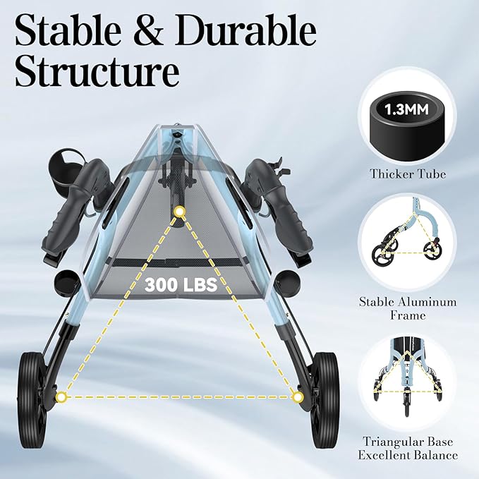 3 Wheel Walkers for Seniors, Lightweight Rollator Walkers Foldable for Elderly with Cane Hold and Cup Hold, Height Adjustable Aluminum Three Wheel Rolling Walker Mobility Aid, Blue