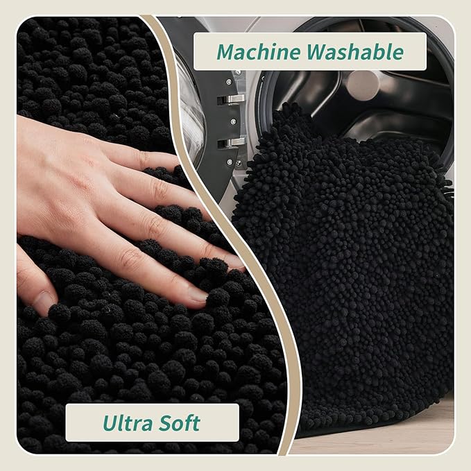 Non Slip Bathroom Rug Machine Washable Thick Black Bath Mat 24x36 Soft Absorbent Bathroom Floor Mat Chenille Bath Rug for Shower Tub