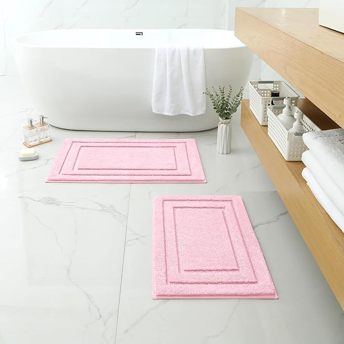 HOMEIDEAS Cute Bathroom Rugs, Super Soft and Absorbent Non Slip Microfiber Machine Washable Bath Mat Set for Pink Bathroom Decor (20" x 32" + 16" x 24", Light Pink)