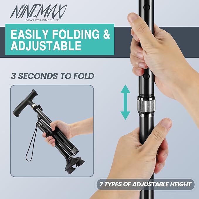NINEMAX Walking Cane for Men Women Seniors, Foldable Collapsible Adjustable Free Standing T Handle Walking Stick, Lightweight Sturdy Folding Cane Portable for Stable and Balance
