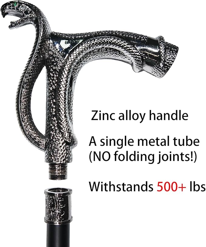 Walking Cane for Men & Women - Heavy Duty 500+ lbs Capacity, Gothic Cane with Ornate Design, Decorative Goth Metal Ergonomic Handle Cane, Black & Silver Snake Walking Stick for Senior Gift