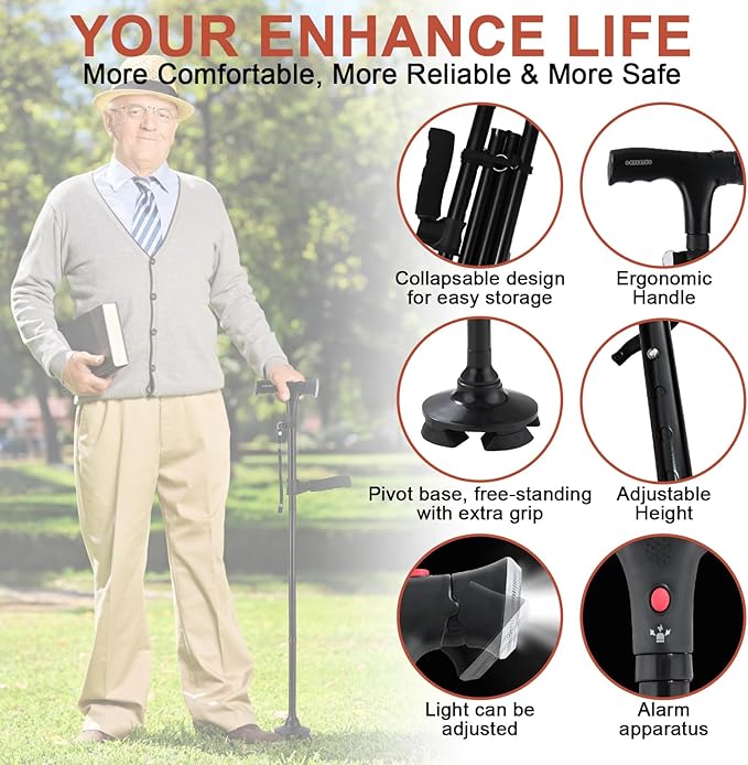 Walking Cane with LED Light & Alarm, Adjustable Smart Walking Cane with Side Handle Quad Base, Foldable Free Standing Walking Stick, Mobility Aid Provides Balance for Arthritis Disabled & Elderly