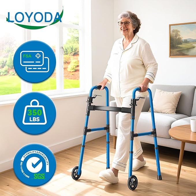 Folding Walker with 2 Skis and 5" Wheels, Lightweight Walkers for Seniors and Adults, Supports Up to 350 Pounds, Adjustable Height, Compact Standard Walker, Blue