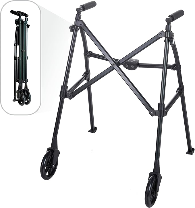 Stander Space Saver Walker, Lightweight Folding Rolling Mobility Aid for Seniors & Adults, Compact 2-Wheel Disability Device with 6-inch Wheels & Ski Glides for Walking Support, Matte Black