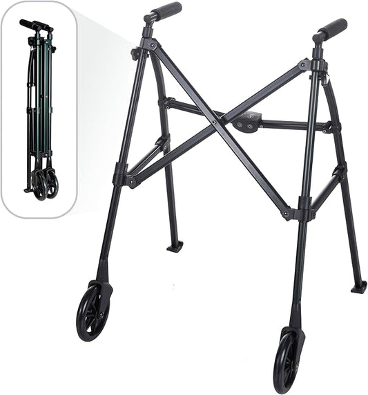 Stander Space Saver Walker, Lightweight Folding Rolling Mobility Aid for Seniors & Adults, Compact 2-Wheel Disability Device with 6-inch Wheels & Ski Glides for Walking Support, Matte Black