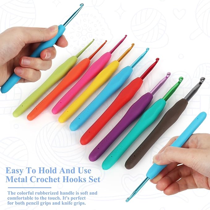 Coopay Crochet Set for Beginners - Ergonomic Soft Grip Metal Crochet Hooks (2mm-6mm) & 19PCS Needles Set with Stitch Markers - Perfect for Arthritic Hands