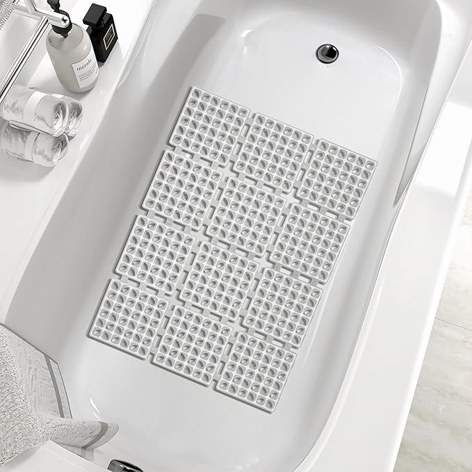 Shower Mat Non Slip，24"X24" Bathtub Mat Non Slip Square Shower Mats for Inside Shower with Drain Holes Suction Cups, Quick Drain, TPE Shower Floor Mat for Elderly & Kids (Light Gray)