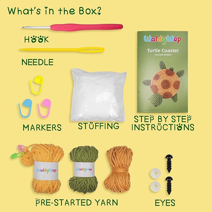 WaldyWop Crochet Kit for Beginners – Easy to Follow Tutorials, Ergonomic Hook & Tangle-Free Yarn, Complete DIY Craft Set for Girls 8-12 & Women, Stress Relief & Home Decor (Turtle Coaster)