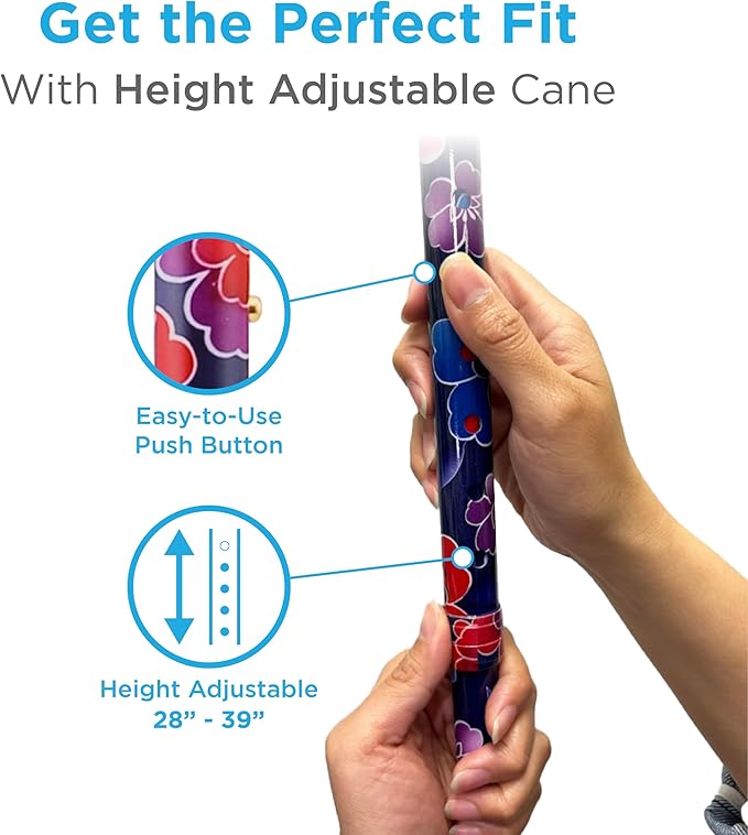 Nova Joy Designer Offset Walking Cane for Seniors - Unisex Adjustable Lightweight Aid with Foam Handle, Wrist Strap and Anti-Rattle Lock - Essential Mobility Support - Maui Flowers