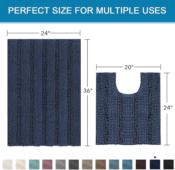 H.VERSAILTEX Bathroom Rugs Bath Rug Set 2 Piece Bathroom Contour Rug Toilet Mat Sets Non Slip Contour Bath Rug Ultra Thick Water Absorbent Striped Bath Mats Washable(36" x 24" Plus 20" x 24" U, Navy)
