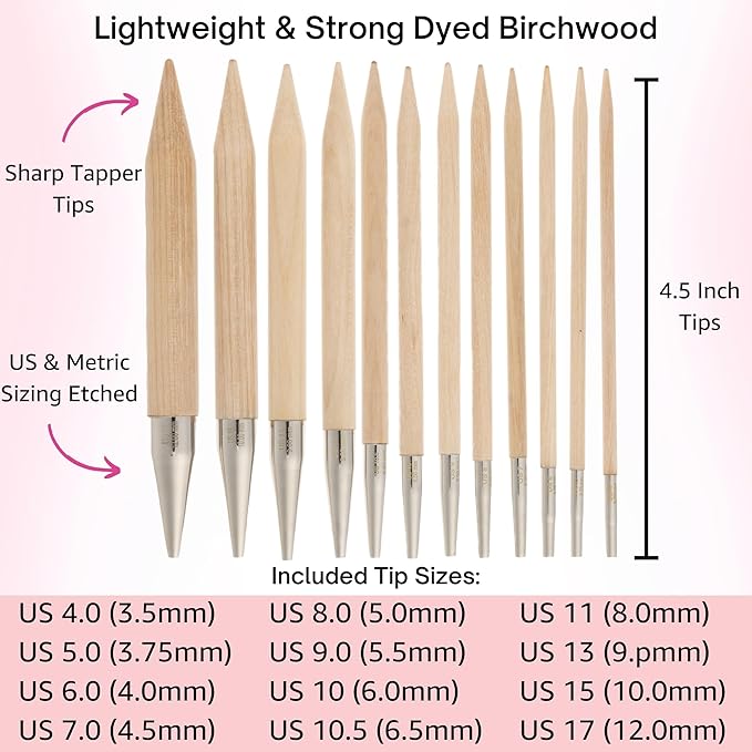 Lykke Naturale 5 in. Complete Set US Sizes 4, 5, 6, 7, 8, 9, 10, 10.5, 11, 13, 15, 17 Interchangeable Circ. Knitting Needles for DK, Worsted, Chunky Yarns, Birch, 5 Cords, Tan DM Case, Project Bag