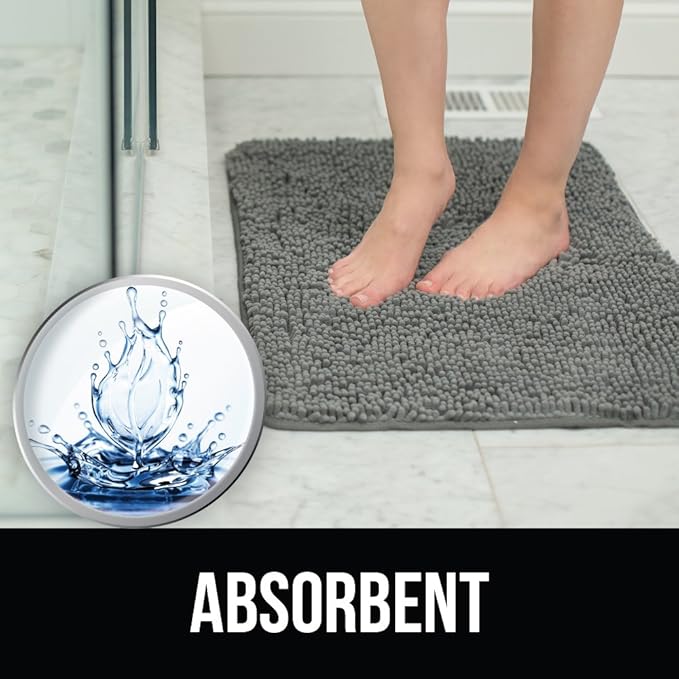 KANGAROO Bathroom Rugs, Chenille Soft Absorbent Bath Rug, Shaggy Shower Mat, Quick Dry Machine Wash Bathmat, Plush Carpet Mats for Tub, Bathtub and Room Home Decor Accessories, 24x17, Gray