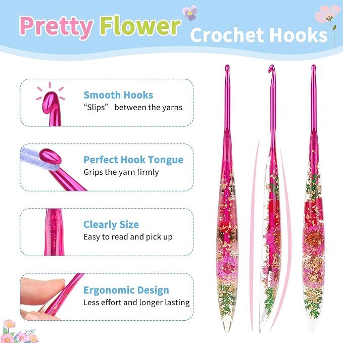 Coopay Crochet Hooks, 4.5mm Crochet Hook Ergonomic, See-Through Resin Handle with Flowers Inside, Pretty & Pleasant, Ideal for Crocheting Blankets, Dolls, Shawls, Hats, Scarves (7-4.5mm)
