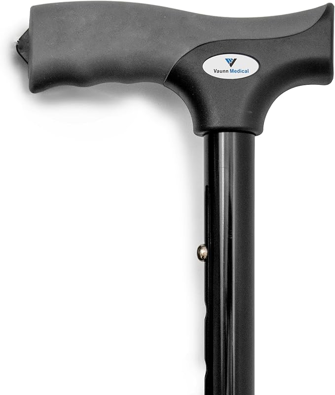 FSA/HSA Eligible, Vaunn Medical Easy Grip Height Adjustable Folding Cane/Walking Stick with Strap/Pouch- Compact, Portable, and Safe Walking Assistant- Non-Slip Grip Handle- Men, Women, Elderly