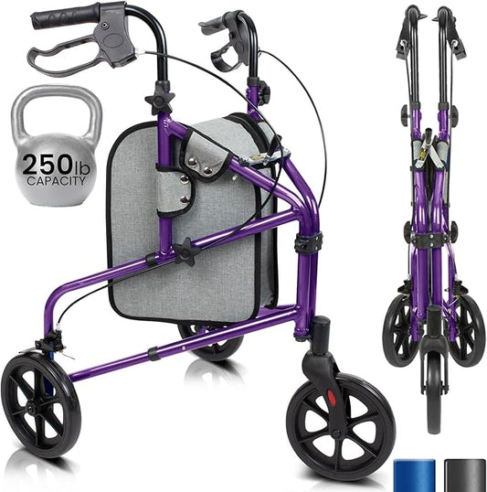 Vive Mobility 3 Wheel Walker - Three Wheeled Rollator for Seniors - Lightweight, Foldable, Narrow, Heavy Duty - for Elderly Men Women - Folding 3-Wheel Tri Scooter with Basket Bag