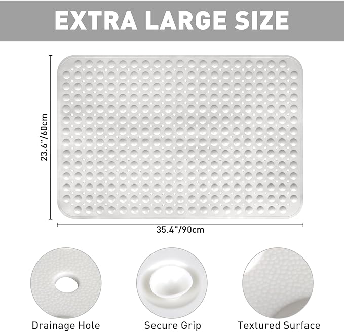 Shower Mat Non Slip: 35.4 x 23.6 Inch Extra Large TPE Shower Mats for Inside Shower - Anti Slip Shower Stall Matt with Drain Hole and Suction Cups for Elderly