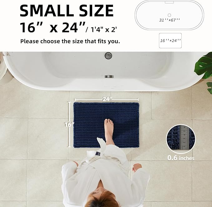 Waffle Bath Mat, Boho Bathroom Rugs Non Slip Washable Super Absorbent Quick Dry Bath Mat Farmhouse Bathroom Decor, 24"x16" Navy Blue