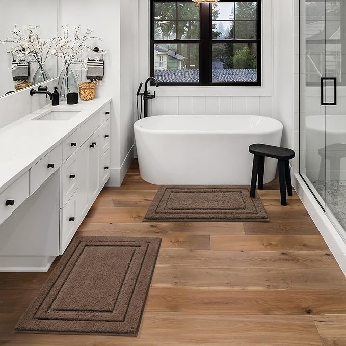 HOMEIDEAS Bathroom Rugs Sets 2 Piece, Super Soft and Absorbent Non Slip Microfiber Machine Washable Bath Mat Set (20" x 32" + 16" x 24", Brown)