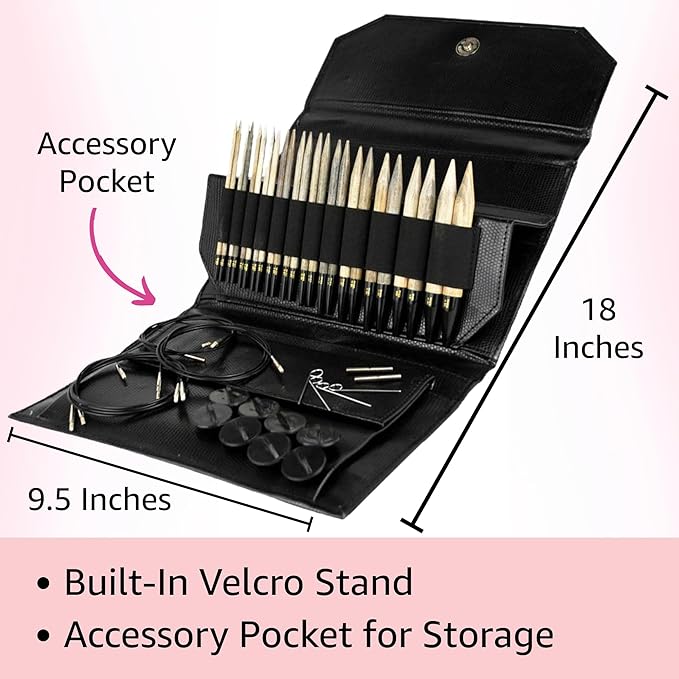 Lykke Driftwood 5 in. Complete Set US Sizes 4, 5, 6, 7, 8, 9, 10, 10.5, 11, 13, 15, 17 Interchangeable Circ. Knitting Needles for DK, Worsted, Chunky Yarns, Birch, 5 Cords, Black PU Case, Project Bag