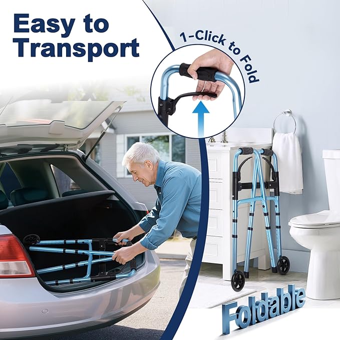 Walkers for Seniors with Basket and Glide Skis, 5" Wheels Lightweight Folding Walker, Support Up to 350 lbs, Height Adjustable Standard Compact Rolling Walker, Blue