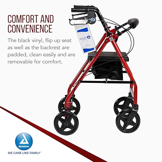 Dynarex DynaGo Quad 8 Rollator - Portable, Stand-Up Rolling Walker - 7.5” Wheels, Ideal for Narrow Spaces, Easy to Maneuver & 300 lb. Weight Capacity, Red Frame, 1 Rollator