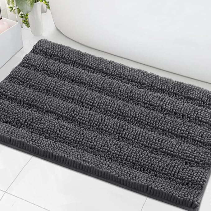 H.VERSAILTEX Bath Mats for Bathroom Non Slip Extra Thick Chenille Striped Bath Rug 24" x 36" Absorbent Non Skid Fluffy Soft Shaggy Rugs Washable Dry Fast Plush Mats for Indoor, Bath Room, Tub - Grey