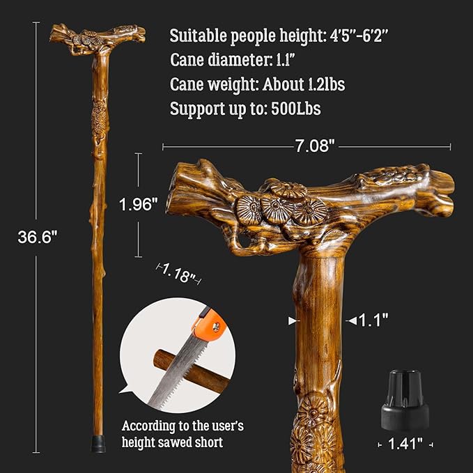 Wooden Walking Cane, Hand-Carved Wood Walking Cane for Men and Women, with Massage Function Support up to 500lbs, High-end Canes for Seniors Suitable for Gift Giving