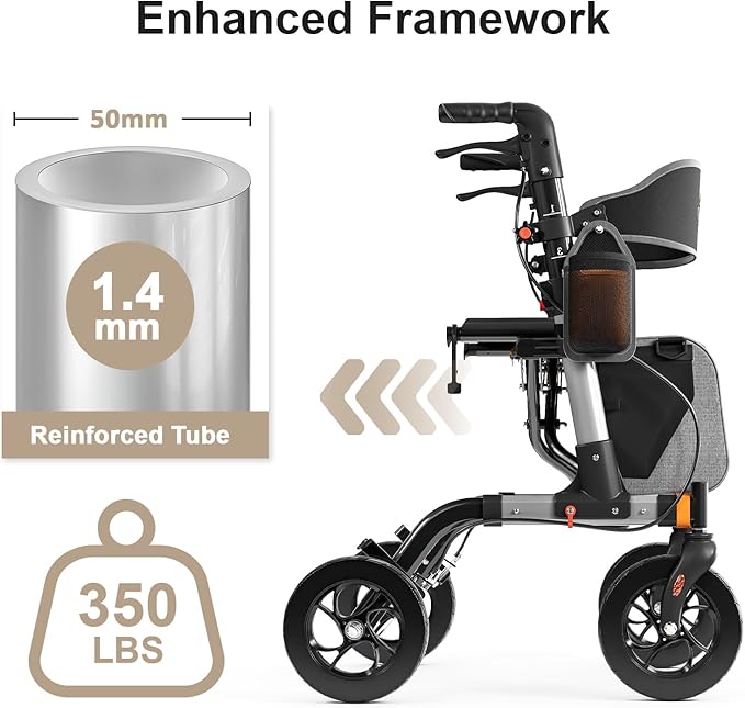 Walkers for Seniors, Rollator Walker with Seat, 350 lb Weight Capacity, 18" Big Seat, 8" All-Terrain Wheels, 6-Level Adjustable Height, Lightweight Aluminum Frame Rollator Walkers for Seniors (Silver)