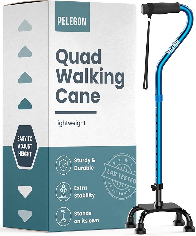 PELEGON Quad Cane (300 lb) - Adjustable Walking Cane with A Large 4 Pronged Base for Extra Balance & Stability, Walking Canes for Seniors, Walking Cane for Men & Women, Walking Sticks