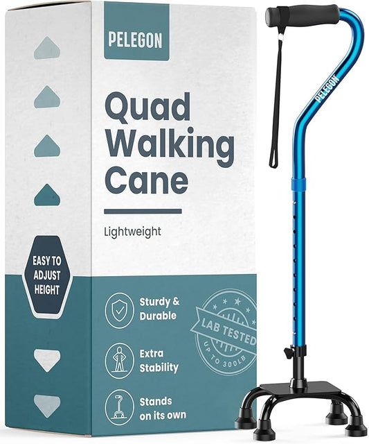 PELEGON Quad Cane (300 lb) - Adjustable Walking Cane with A Large 4 Pronged Base for Extra Balance & Stability, Walking Canes for Seniors, Walking Cane for Men & Women, Walking Sticks