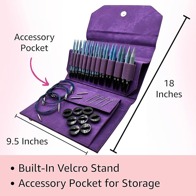 Lykke Indigo 5 in. Complete Set US Sizes 4, 5, 6, 7, 8, 9, 10, 10.5, 11, 13, 15, 17 Interchangeable Circ. Knitting Needles for DK, Worsted, Chunky Yarns, Birch, 5 Cords, Violet DM Case, Project Bag