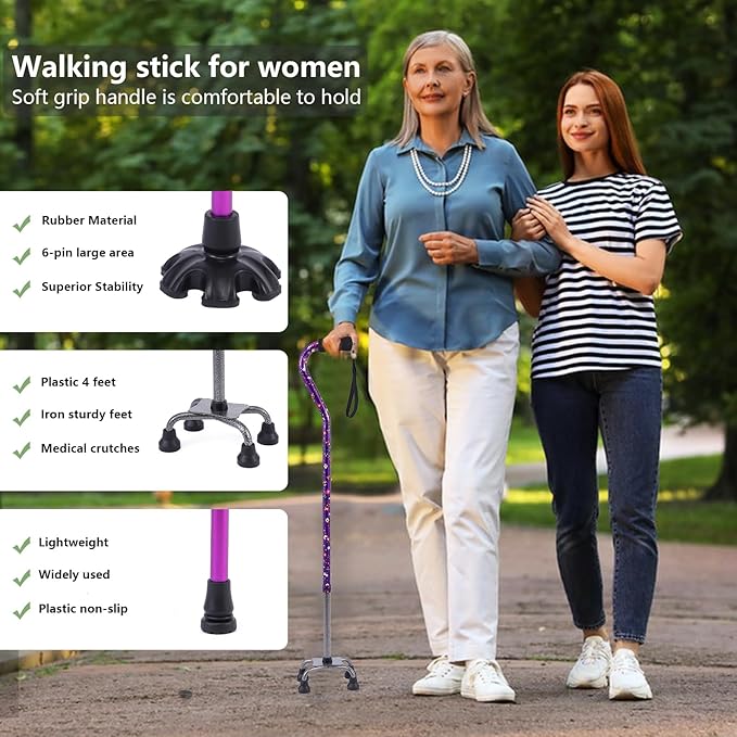 Walking Cane for Women & Men, Adjustable Quad Cane with 4-Prong Base for Stability and Balance, Folding Aluminum Walking Stick for Seniors