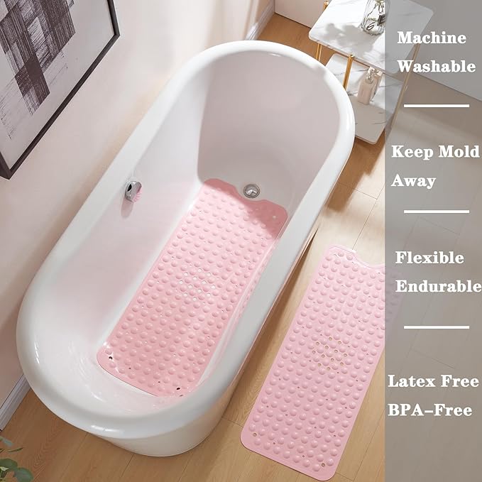 YANZIFLY Bathtub Mat for Shower: Soft Silicone Bath Mat Non Slip with Suction Cups Tub Mat for Bathroom for Family Extra Large Shower matt Machine Washable - Pink