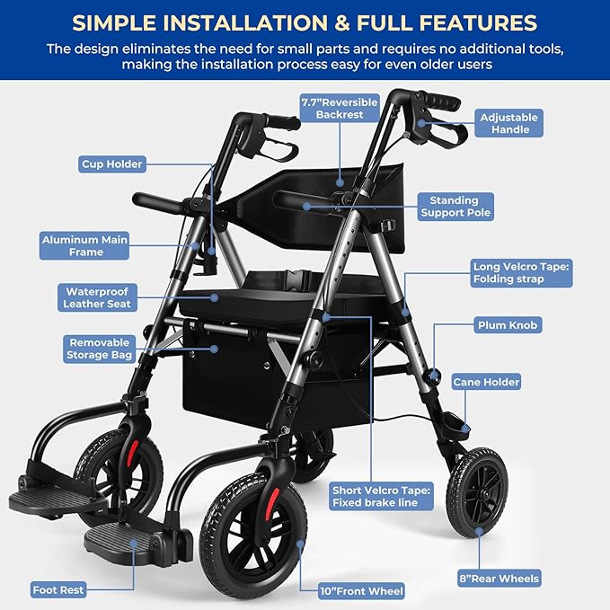 Foldable Rollator Walker for Seniors with Seat, Lightweight 2 in 1 Rolling Walkers Wheelchair Combo for Adult, Transport Chair with Brakes, Adjustable Seat and Handle, 300 Lb. Weight Capacity, Grey