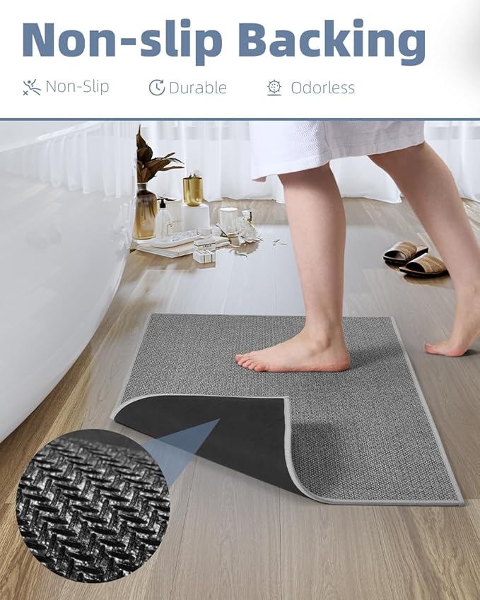 PADOOR Non-Slip Bath-Mats for Bathroom, Rubber-Backing Braided Absorbent Bathroom Mat Machine Washable Thin Bathroom Rugs Fit Under Door Quick Dry Bath Rugs for Floor, 17''x30'' Grey