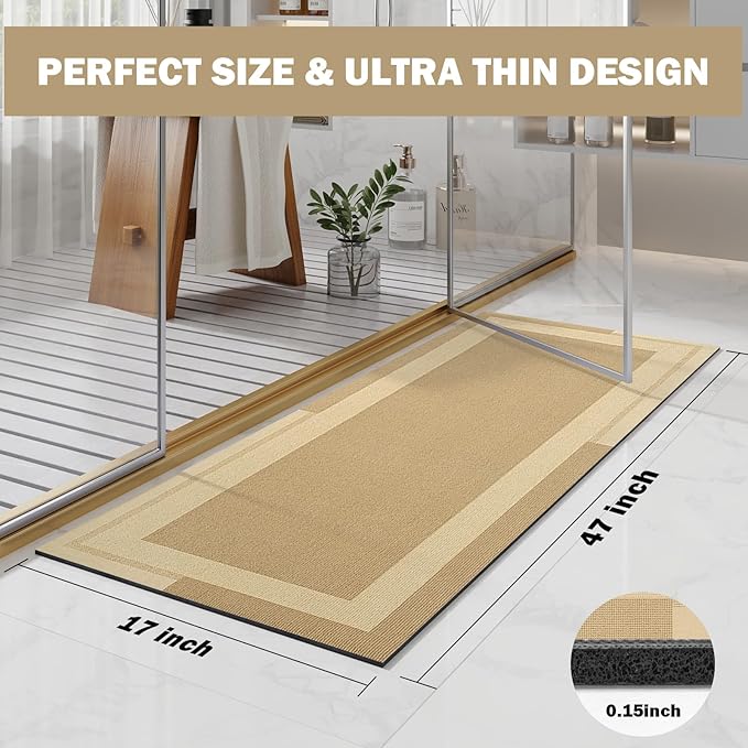 Extra Long Non Slip Bathroom Runner Bath Mat, Rubber Backing Ultra Thin Bath Rug Fit Under Door Quick Dry Super Absorbent Washable Shower Mat for Bathroom Floor Bathtub Sink, Brown 17"x47"