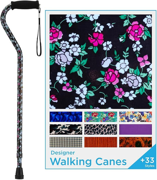 Nova Joy Designer Offset Walking Cane for Seniors - Unisex Adjustable Lightweight Aid with Foam Handle, Wrist Strap and Anti-Rattle Lock - Essential Mobility Support - Black with Flowers