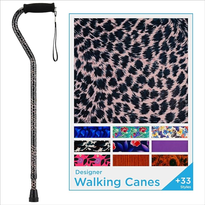 Nova Joy Designer Offset Walking Cane for Seniors - Unisex Adjustable Lightweight Aid with Foam Handle, Wrist Strap and Anti-Rattle Lock - Essential Mobility Support - Leopard