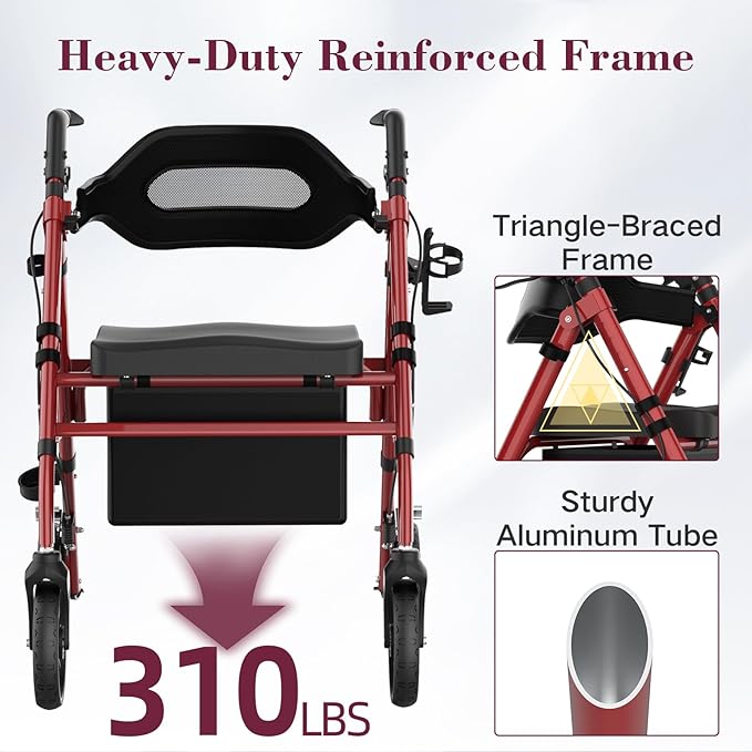 Walkers for Seniors, Foldable Rollator Walker with Seat, 8" Big Wheels, Lightweight Rollator Walker with Ergonomic Backrest, Adjustable Handles and Seat Height, 310 Lbs Weight Capacity, Red