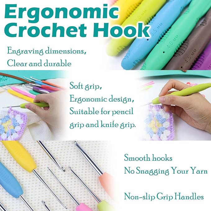 Lewhoo Crochet Hooks, 9 Size Ergonomic Crochet Hook Set with Roll Felt Case, Beginner Long Needle for Arthritic Hands, Size from 2.0mm-6.0mm/B-J