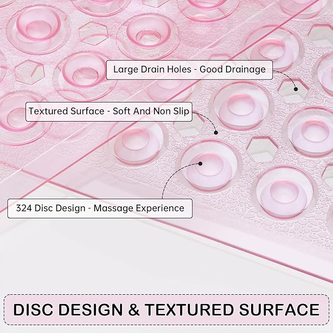 Linoows Non-Slip Bathtub and Shower Mats, Power Grip Bath Mat 35 x 16.3 Inch with Suction Cups and Drain Holes for Tub Bathroom Floor Safety, Machine Washable Soft Bathmat, Clear Pink