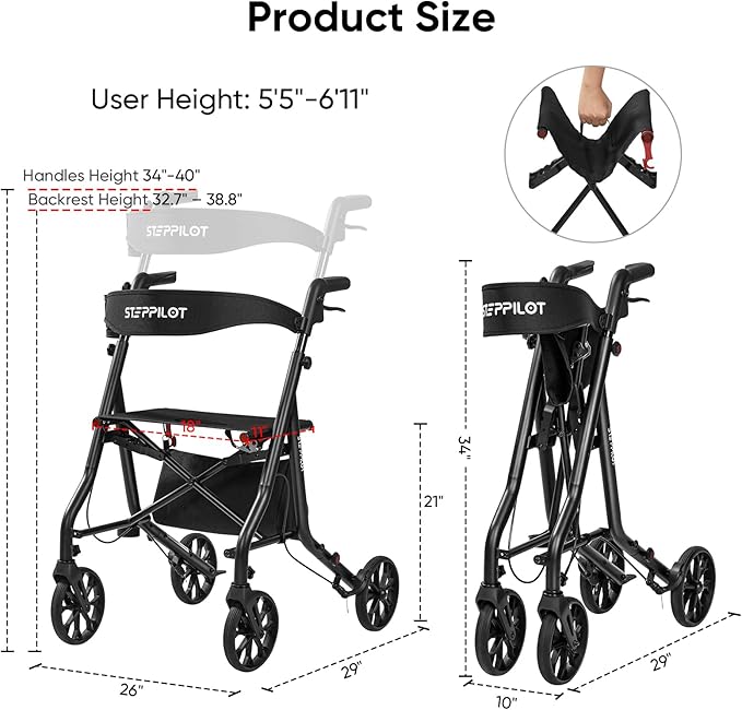 Titan Foldable Rollator Walkers with Seat, 7-Level Adjustable Handles Height, Reliable Parking & Braking System, Easy to Assemble and Use with Cane Holder & Storage Bag, 8" Big Wheels