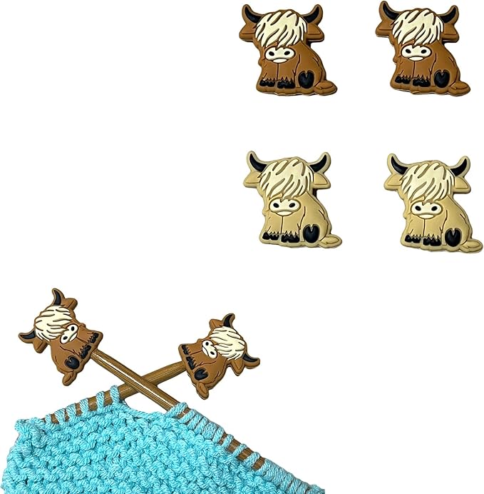 SPANSEE 4 PCS Highland Cow Shape Stitch Stoppers, Knitting Needle Stoppers, Knitting Needle Point Protectors, Knitting Needle End Caps, Knitting Notions fit Size 3-13 (3.25mm-9mm) Needles