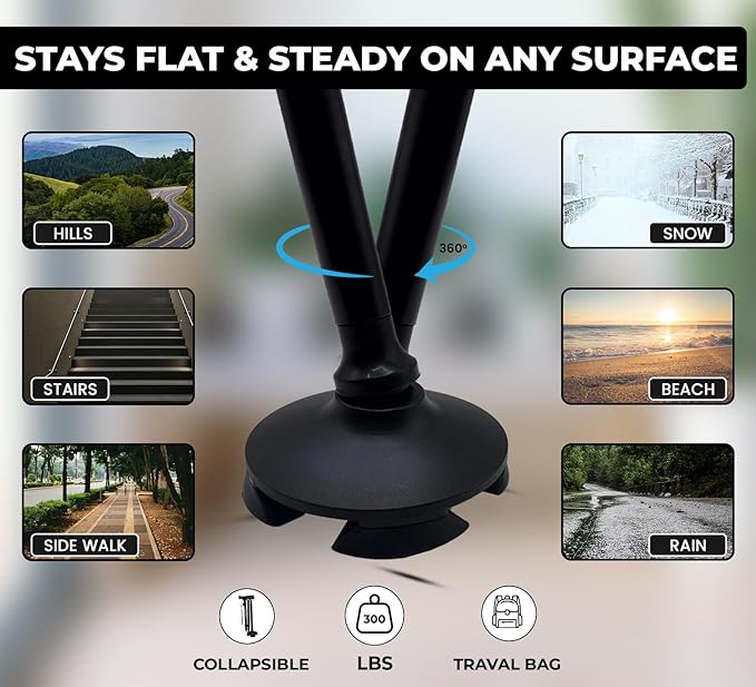 Walking Cane for Men & Women – Foldable, Adjustable, Self-Standing Cane with 360° Pivot Base, Comfortable Grip, Heavy Duty Canes for Women, Collapsible Walking Stick with Travel Bag for Seniors Adults